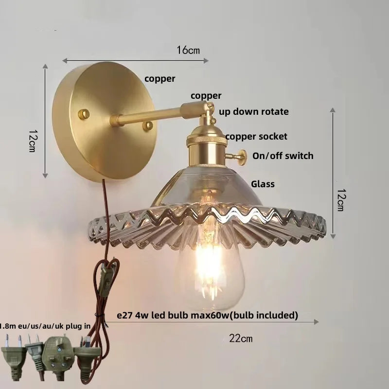 Vintage Green Glass LED Wall Light with Pull Chain Switch