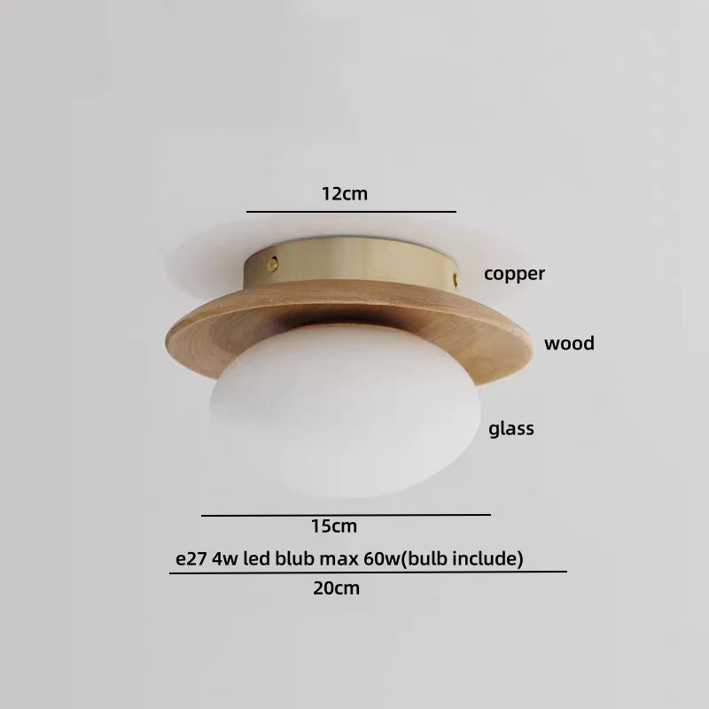 White Glass LED Ceiling Light Fixture with Wood Copper Canopy