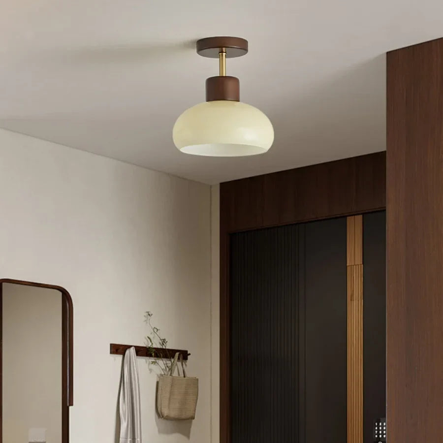 Pale Yellow Glass Wood LED Ceiling Lights Flush Mounted Round Nordic Modern