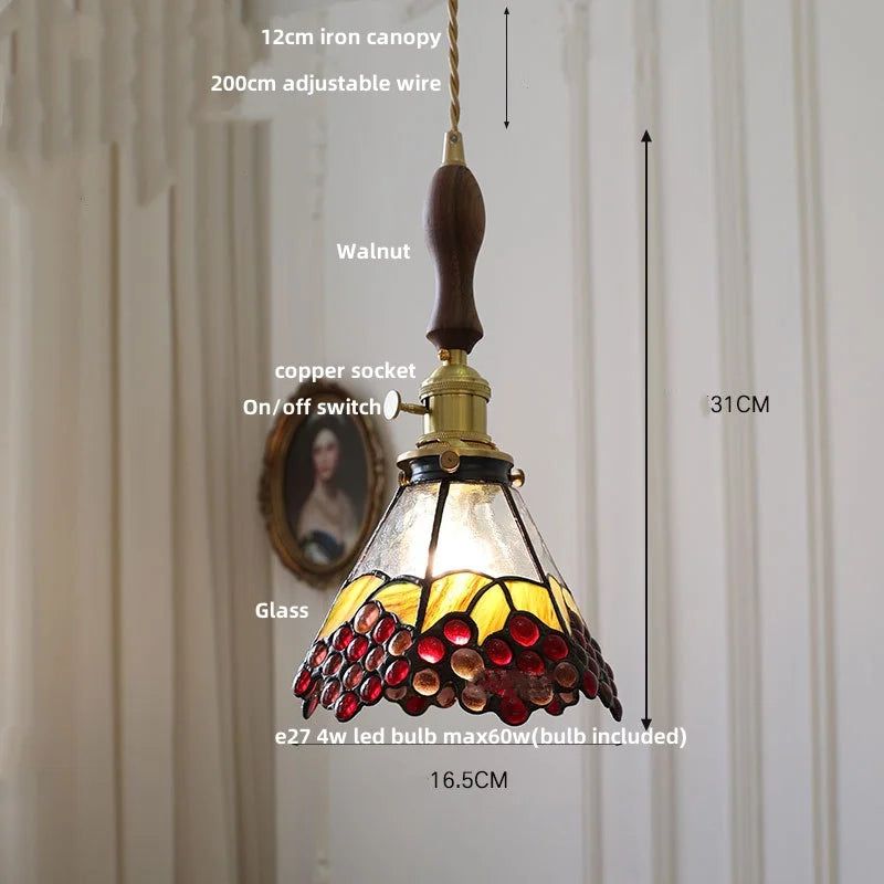 Walnut Wood LED Pendant Light Fixture Wine Red Glass Vintage Brass Hang Lamp