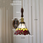 Walnut Wood LED Pendant Light Fixture Wine Red Glass Vintage Brass Hang Lamp