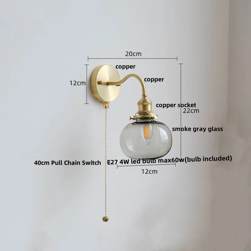 Green Class Ball LED Wall Light Fixture, Copper Socket, Pull Chain Switch