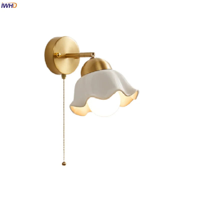 Copper LED Wall Light Fixture Pull Chain Switch Simple Art Bedside Lamp
