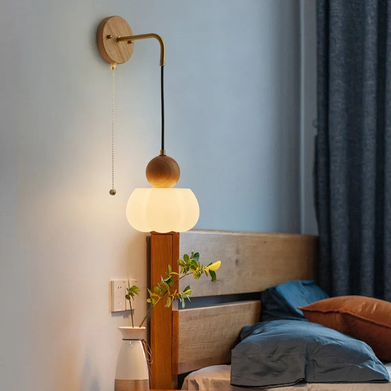 Walnut Wood LED Wall Lamp Sconce Pull Chain Switch Adjustable Art Light