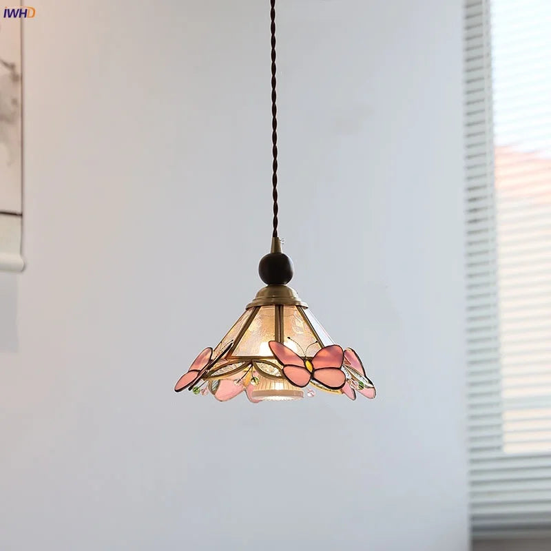 Butterfly Pink LED Pendant Lamp Walnut Wood Glass Nordic Modern Home Decor