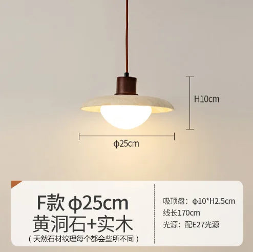 Japanese Wooden Stone Chandelier Pendant Light, Wabi-Sabi Style Yellow Cavity-Stone Lamp