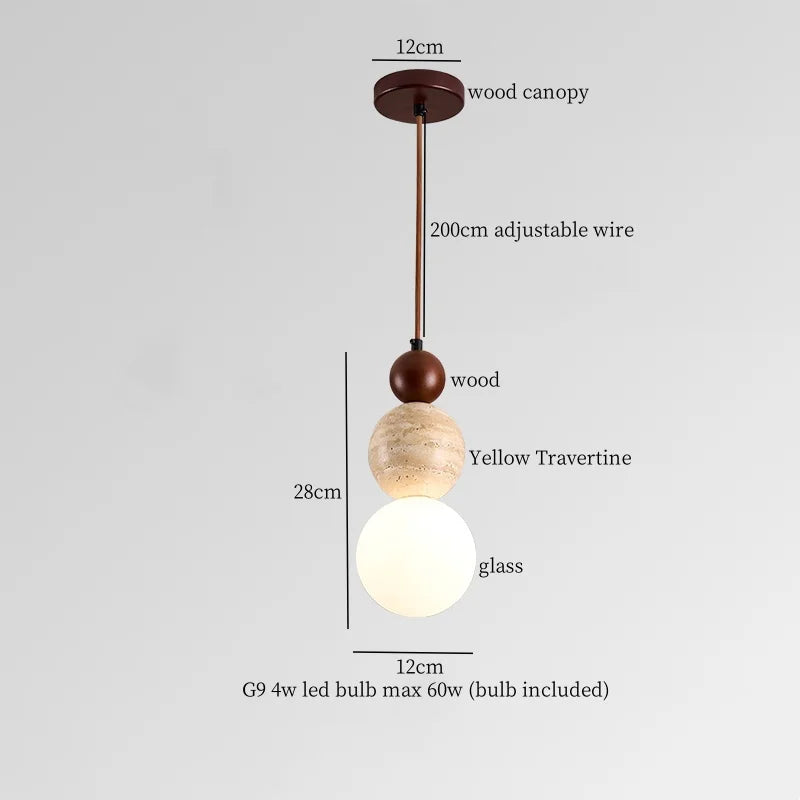 Yellow Travertine Spherical Stone LED Pendant Light for Bedroom Dining Living Room
