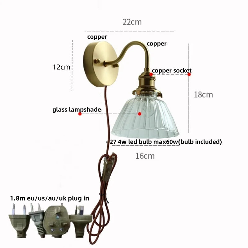 Clear Glass LED Wall Sconce Pull Chain Switch Modern Copper Bedside Lamp