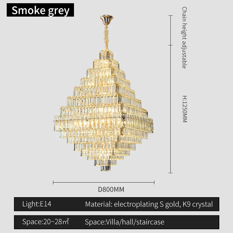 Square Pyramid Crystal Chandelier for Living Room & Hotel Lobby