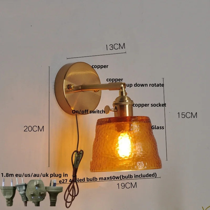 Clear Glass LED Wall Lights Brass E27 Pull Chain Switch Bedside Lamp