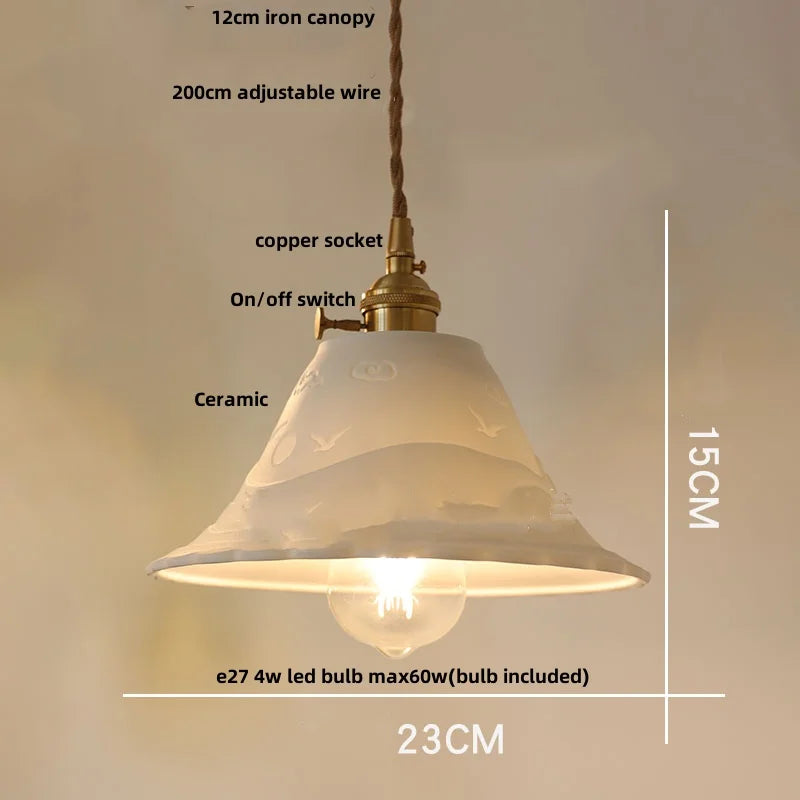 White Ceramic LED Pendant Lamp with Copper Switch - Flower Hanging Light