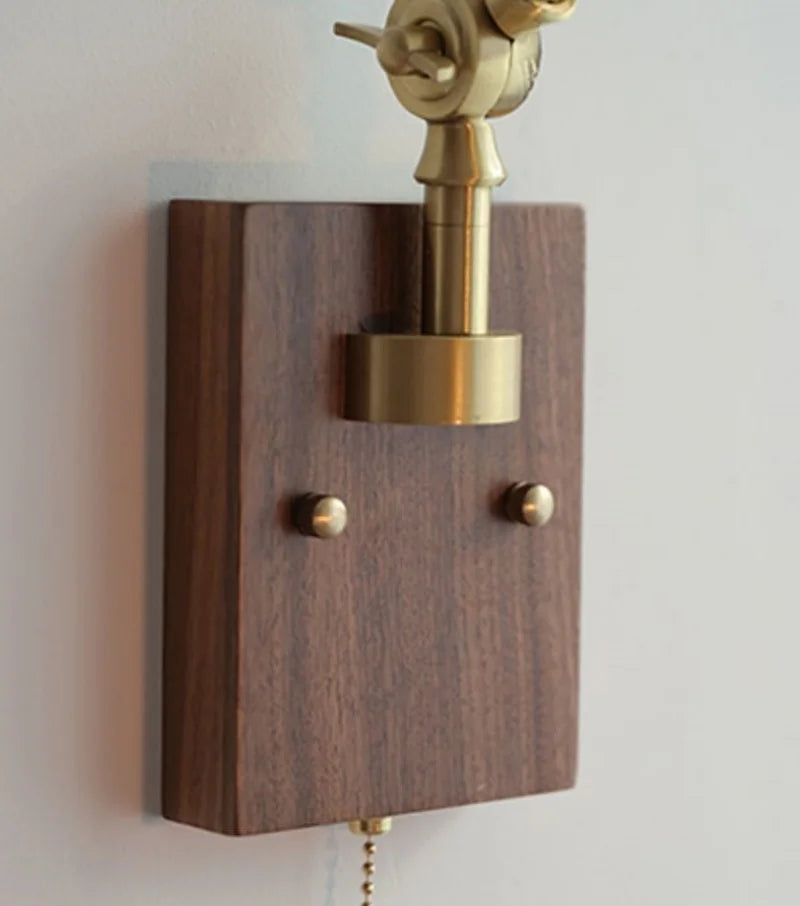 Ash Wood LED Swing Arm Wall Light with Pull Chain Switch & Blue Glass
