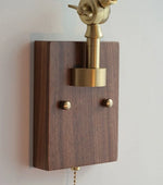 Ash Wood LED Swing Arm Wall Light with Pull Chain Switch & Blue Glass