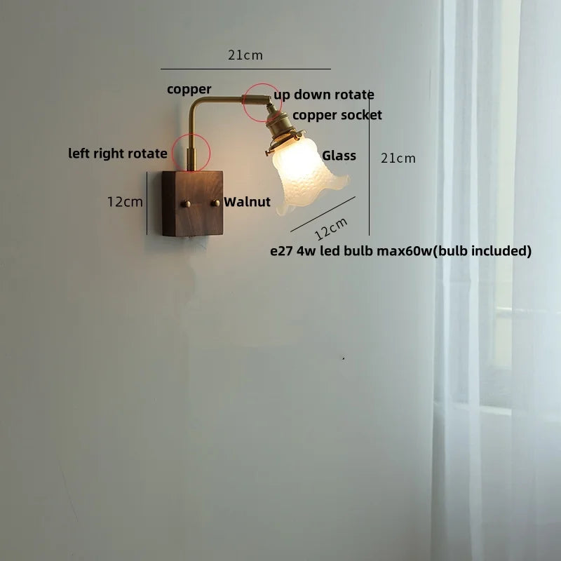 White Glass LED Wall Light Fixture Walnut Wood Brass Pull Chain Switch