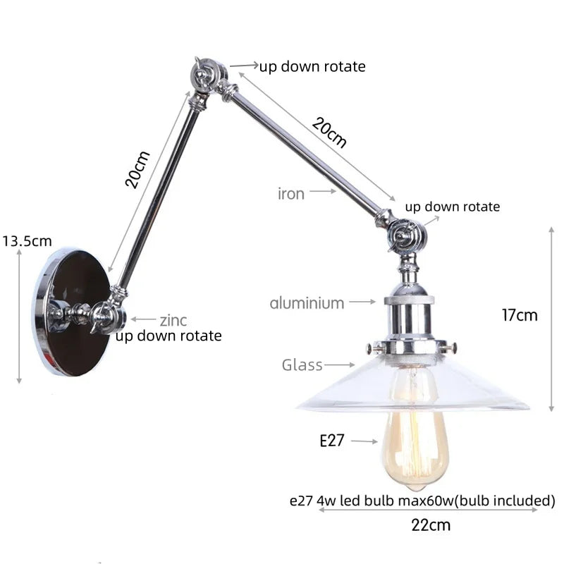 White Glass Swing Arm LED Wall Sconce for Industrial Loft, Coffee, Hallway