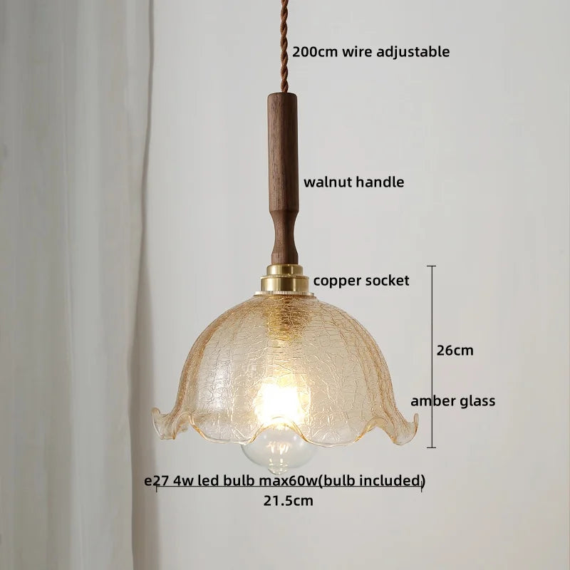 Amber Glass LED Pendant Light with Walnut Handle for Dining Living Room
