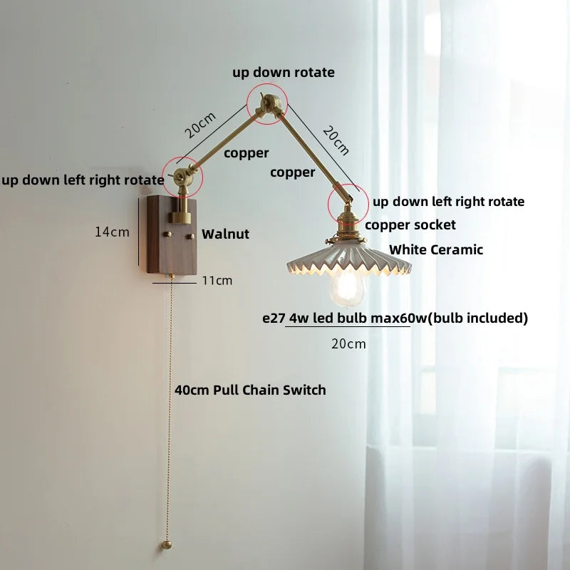 White Ceramic LED Wall Light Nordic Modern Copper Rotatable Bedside Lamp