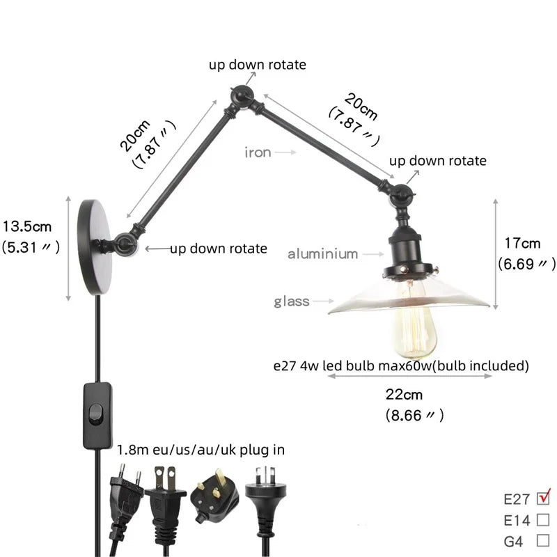 Clear Glass Swing Arm Wall Light Fixture for Dining Living Room Cafe