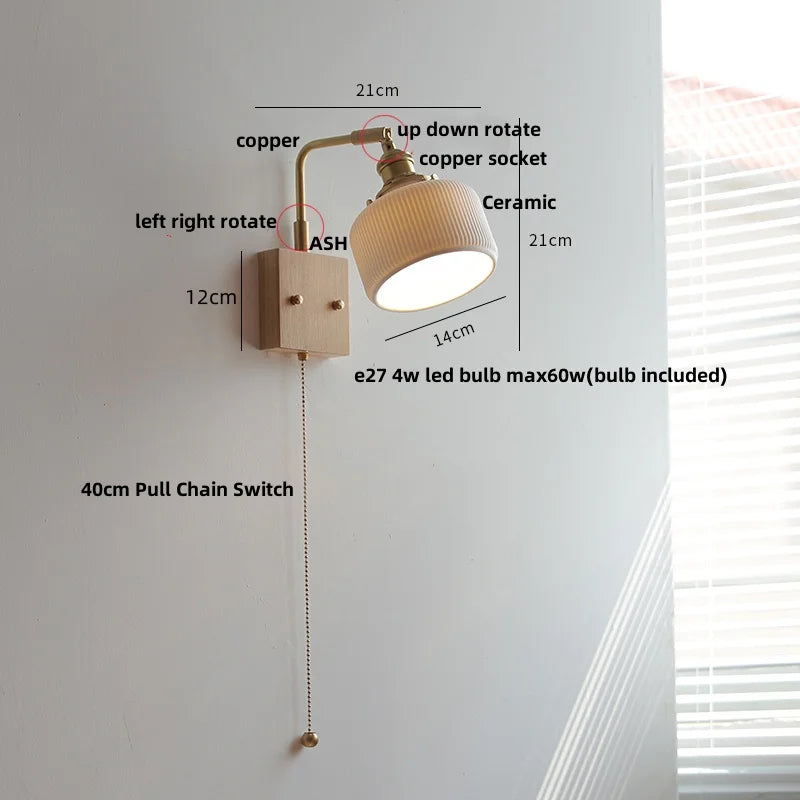 Afralia™ Globe Ceramic Walnut Wood Wall Light with Pull Chain Switch and Rotatable Design