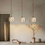 Terrazzo Stone Glass Pendant Light Fixture Wood Knob Switch LED Hang Lamp