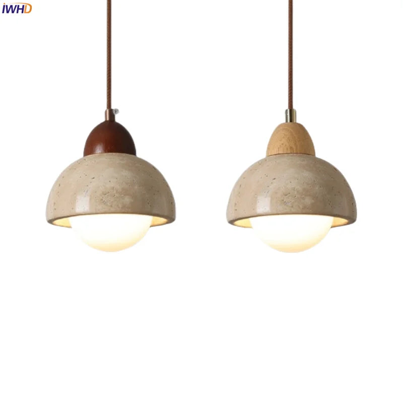 Japanese LED Hanging Lamp Yellow Travertine Pendant Lighting for Bedroom and Dining Room