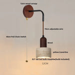 Wood LED Wall Lamp Yellow Travertine Pull Chain Switch Modern Nordic Style