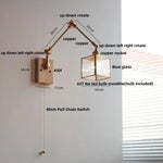 Ash Wood LED Swing Arm Wall Light with Pull Chain Switch & Blue Glass
