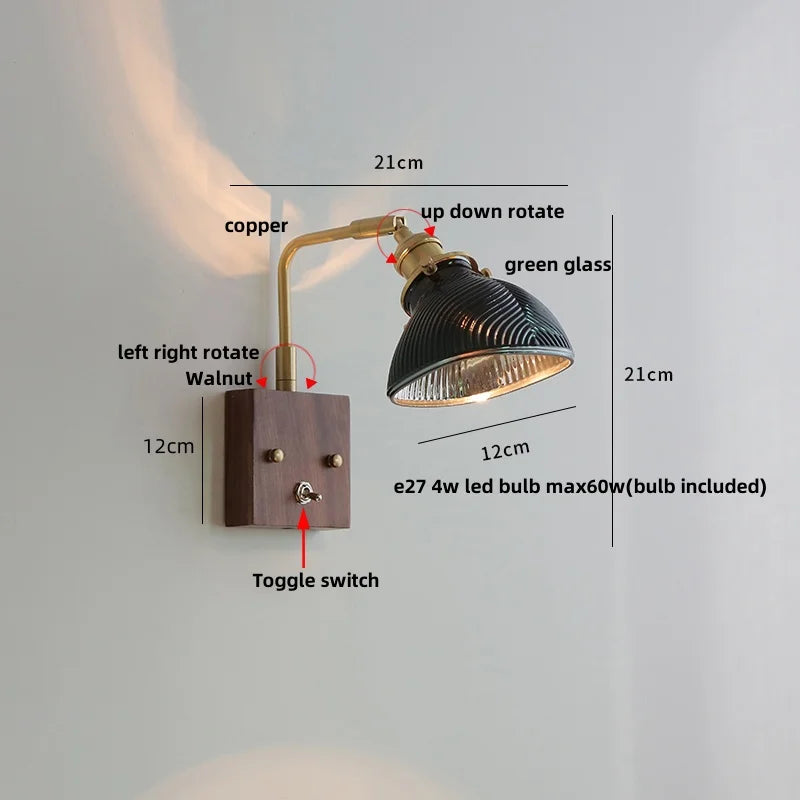 Clear Glass LED Wall Light Walnut Copper Stair Fixture
