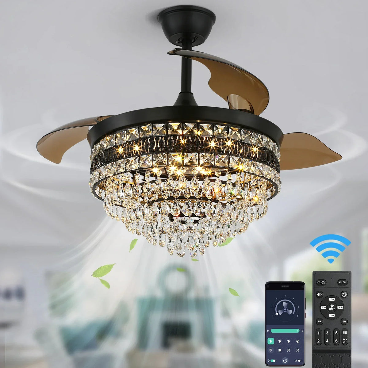 Smart Ceiling Fan with Pendant Lighting, 3-head LED Fandelier Lamp.