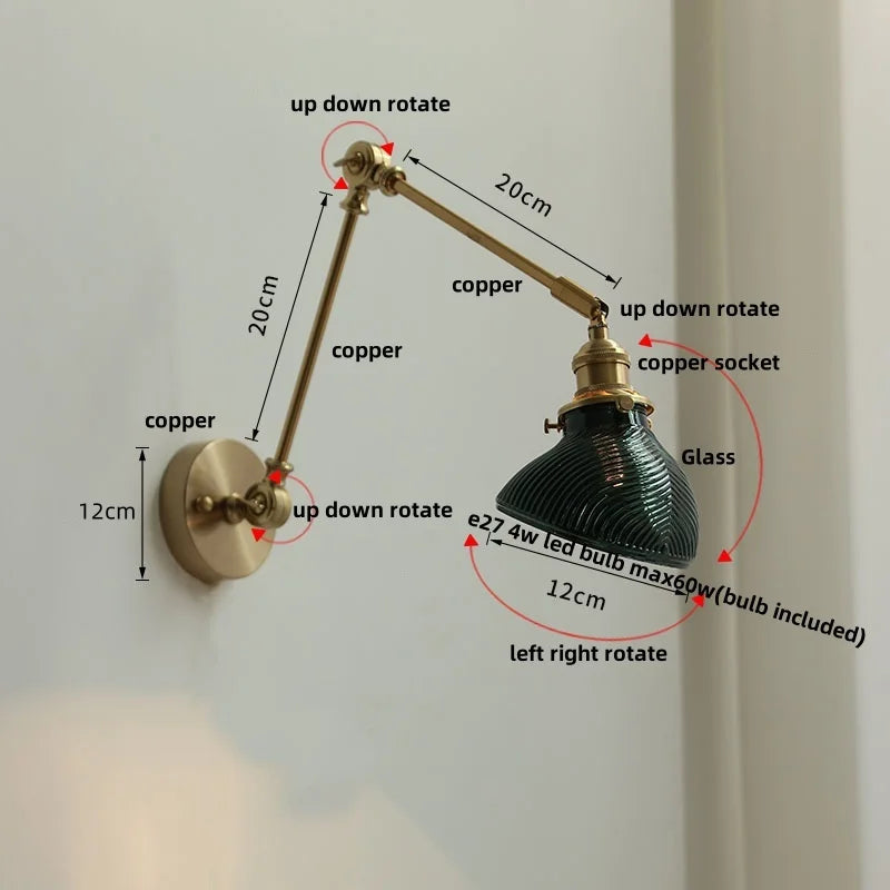 Nordic Green LED Swing Arm Wall Lamp Sconce Glass Walnut Wood Mirror Light