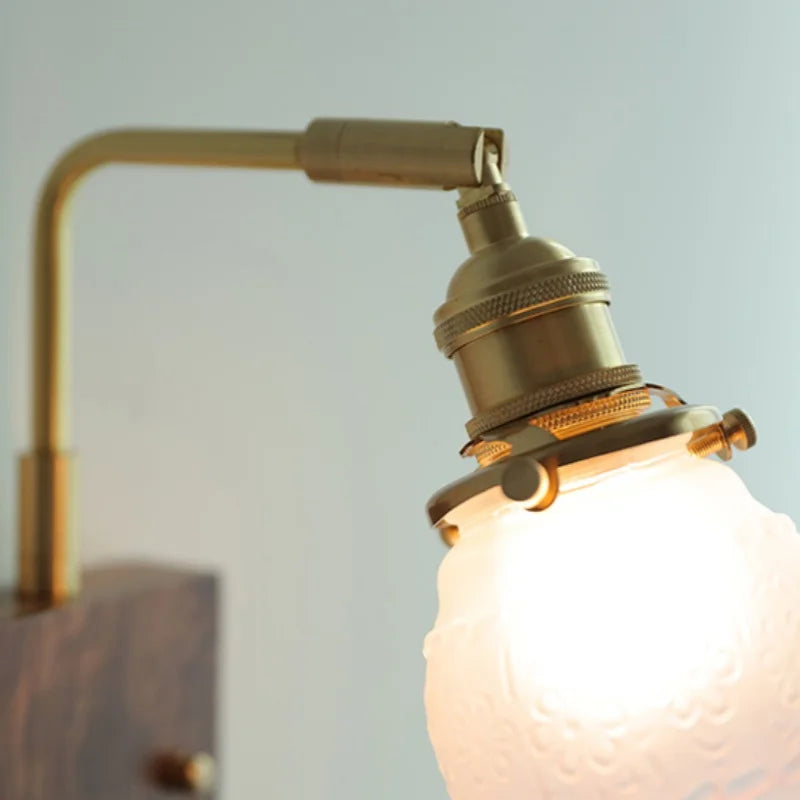 Afralia™ Glass Pink LED Wall Sconce, Pull Chain Switch, Walnut Wood Bedside Lamp