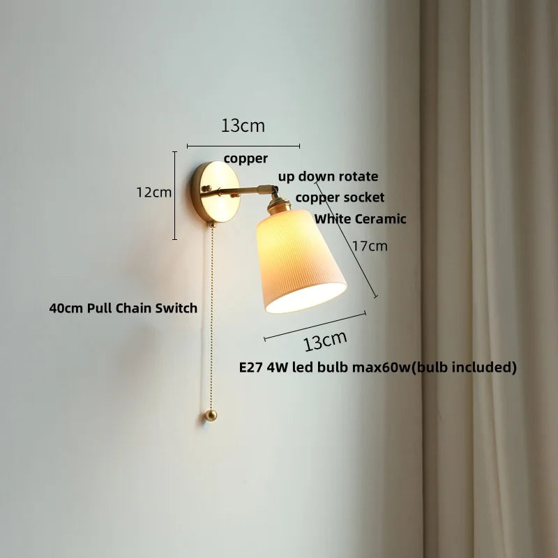 White Ceramic LED Wall Sconce with Pull Chain Switch & Rotate Copper Finish