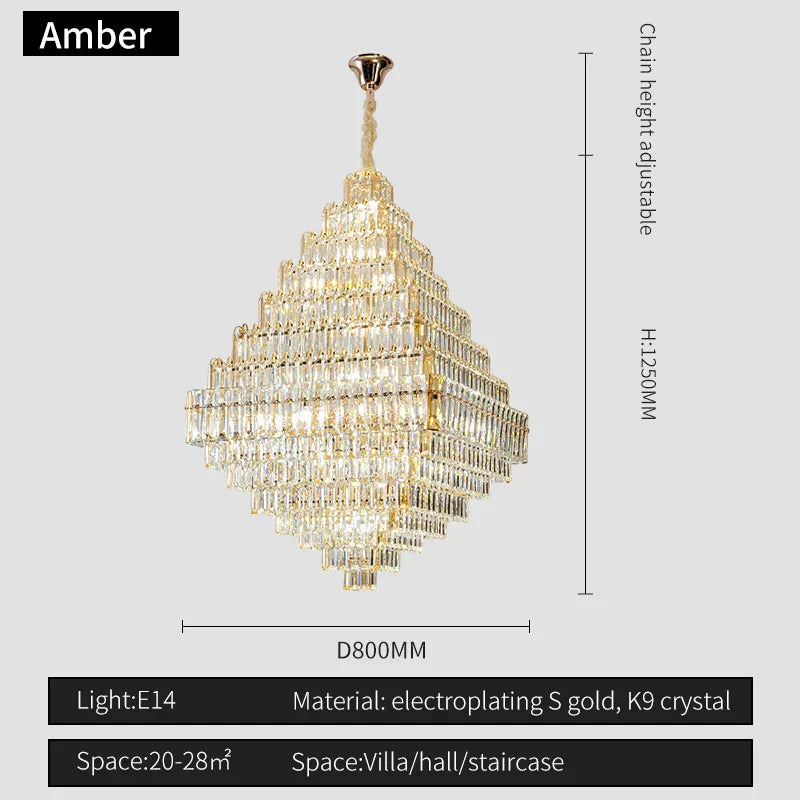 Square Pyramid Crystal Chandelier for Living Room & Hotel Lobby