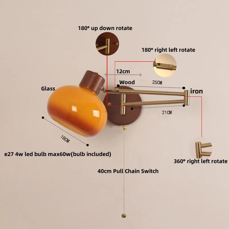 Walnut Wood LED Wall Sconce Pull Chain Switch Stair Light