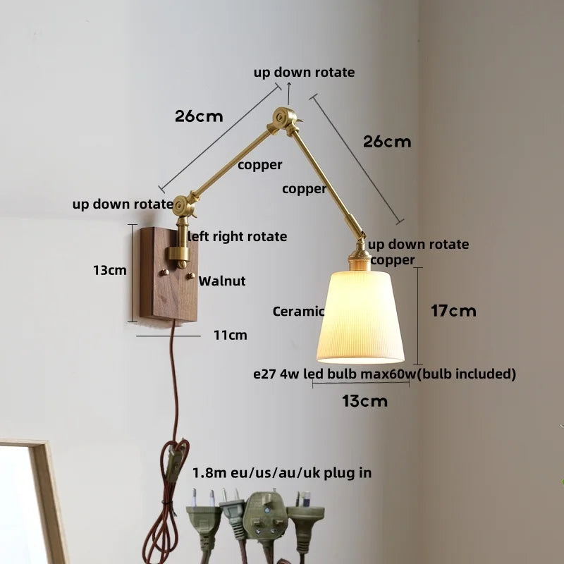 Wood LED Wall Light with Pull Chain Switch & Rotatable Amber Glass