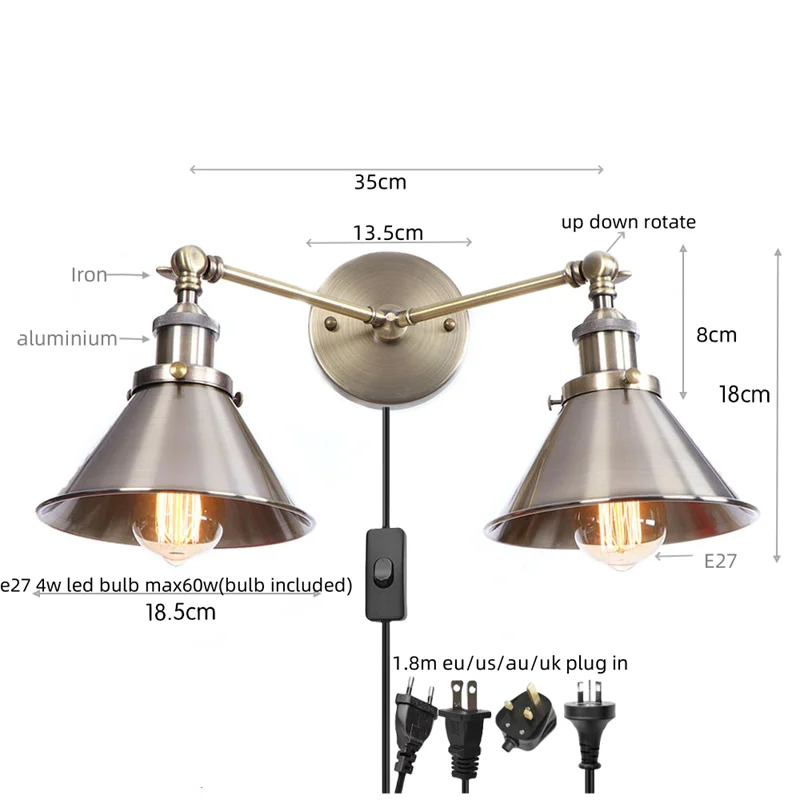 Afralia™ Industrial Vintage LED Wall Light Iron Gold 2 Heads Simple Lamparas De Pared.