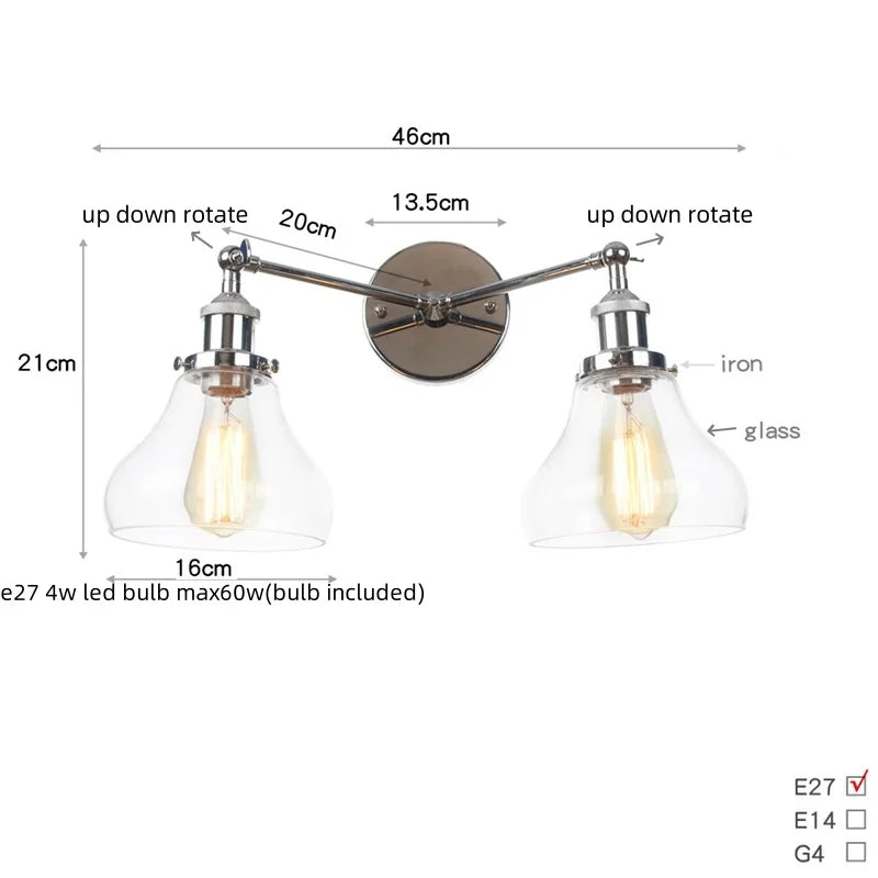 2 Head LED Wall Lamps Iron Glass Bedroom Stair Light Fixtures