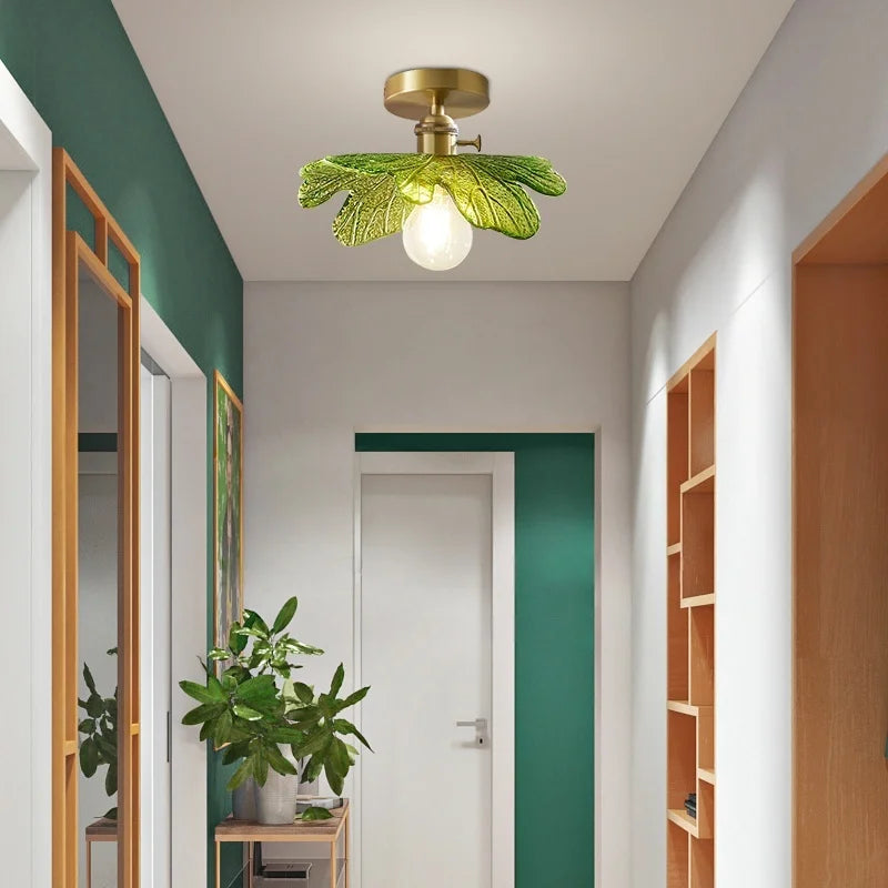Green Flower Glass Copper Ceiling Light - Nordic Modern LED, Living Room Bedroom Hallway Fixtures