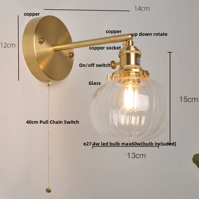 Afralia™ Vintage Blue Glass LED Wall Lamp, Pull Chain Switch, Stair Light Fixtures