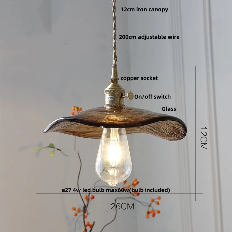 Wood Amber Glass LED Pendant Light Fixture - Nordic Modern Hanging Lamp