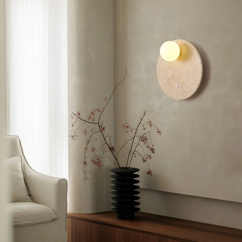 White Glass LED Wall Lights Yellow Travertine Stone Modern Disc Switch Bedside Lamp