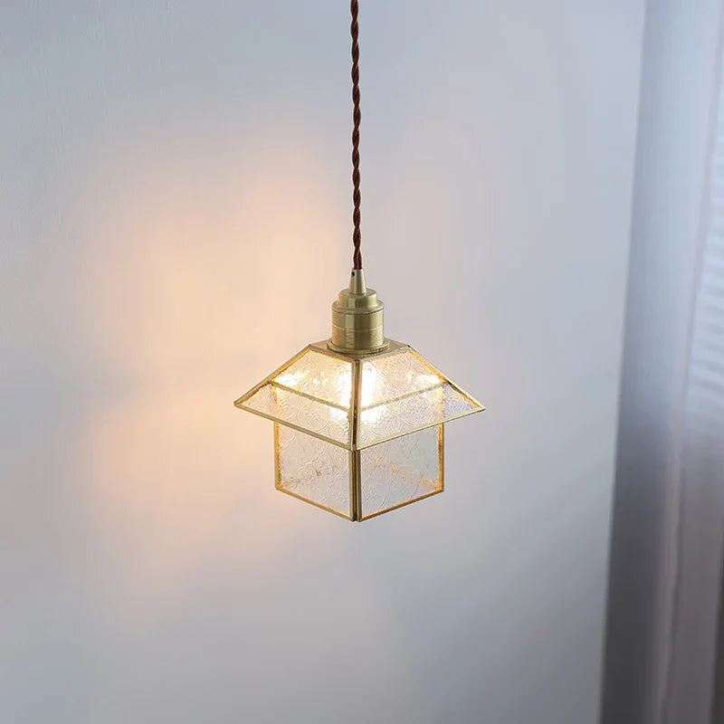 Cube Glass LED Pendant Light: Modern Copper Hanging Lamp for Bedroom, Restaurant, Hallway