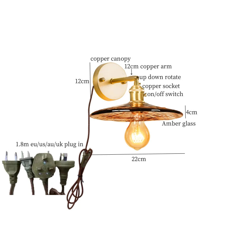 Glass LED Wall Sconce Bedroom Loft Bathroom Stair Light Pull Chain Copper