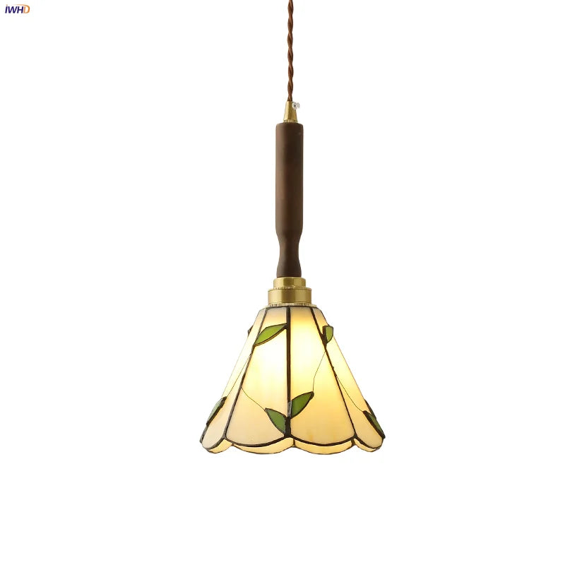 Flower Glass Walnut Wood LED Pendant Light Fixture for Kitchen and Restaurant