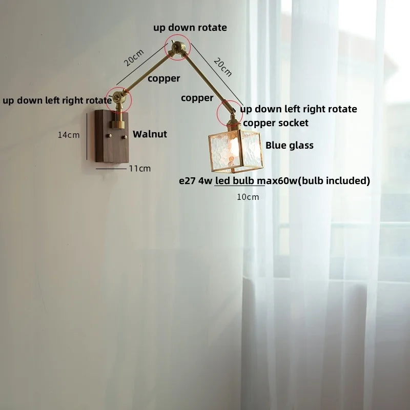 Ash Wood LED Swing Arm Wall Light with Pull Chain Switch & Blue Glass