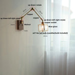 Ash Wood LED Swing Arm Wall Light with Pull Chain Switch & Blue Glass
