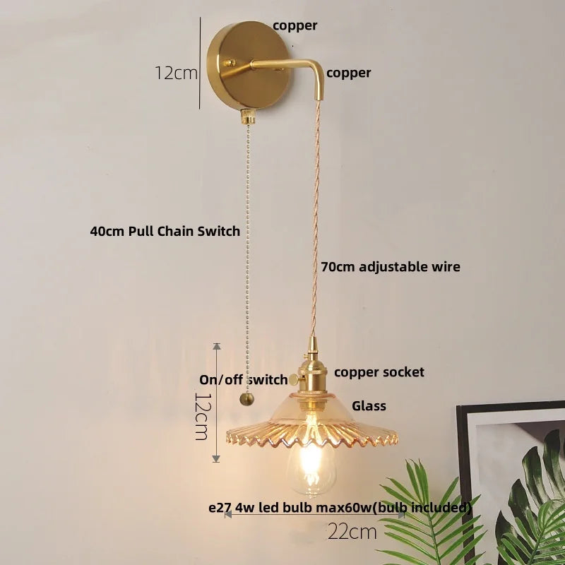 White Glass LED Wall Lamp with Pull Chain Switch - Modern Nordic Design