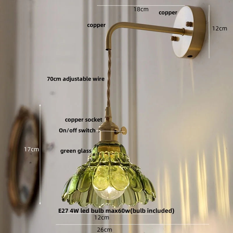 Amber Glass LED Wall Sconce, Brass Finish, Adjustable Wire, Modern Nordic Style