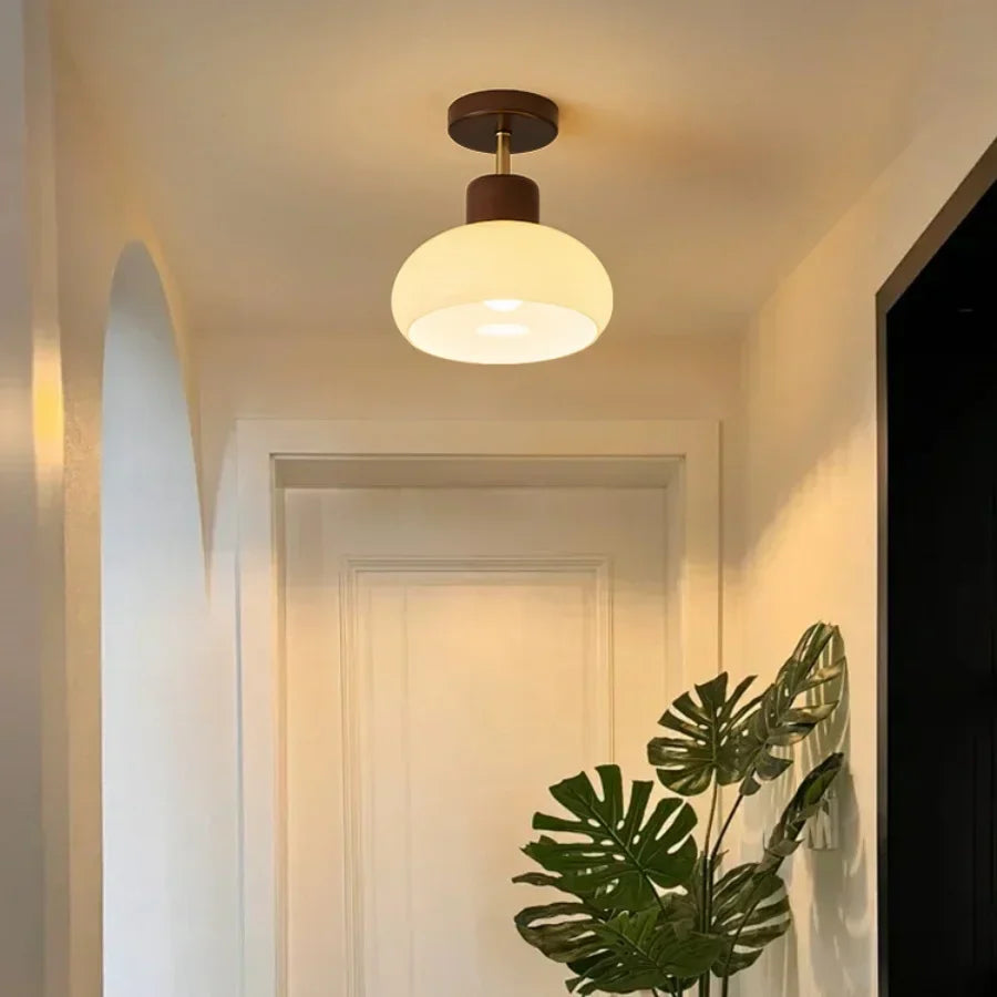 Pale Yellow Glass Wood LED Ceiling Lights Flush Mounted Round Nordic Modern