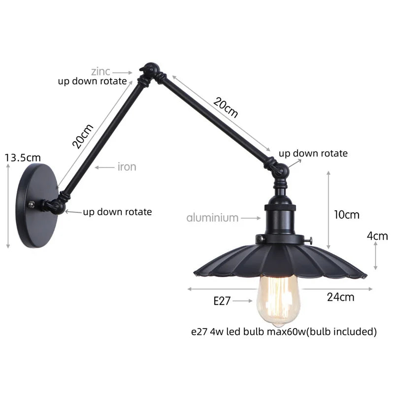 Gold Industrial LED Wall Lamp with Pull Chain Switch for Home Decor